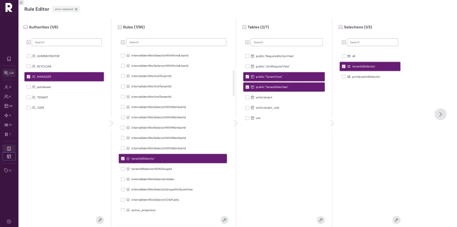 Regelwerk Studio rule editor showing authorities, rules, tables, and selections in a column-based layout